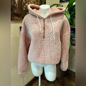 EUC FOREVER21  PINK Plush  BEAR Half-Zip Hoodie/ crop top w pull SZ M